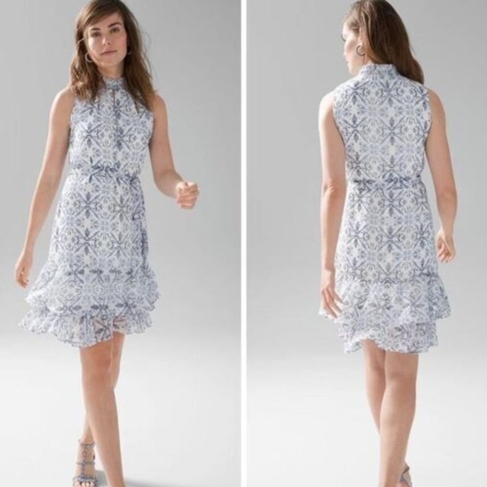 White House Black Market Blue Mosaic Tile Patterned Sleeveless Dress Layered Hem